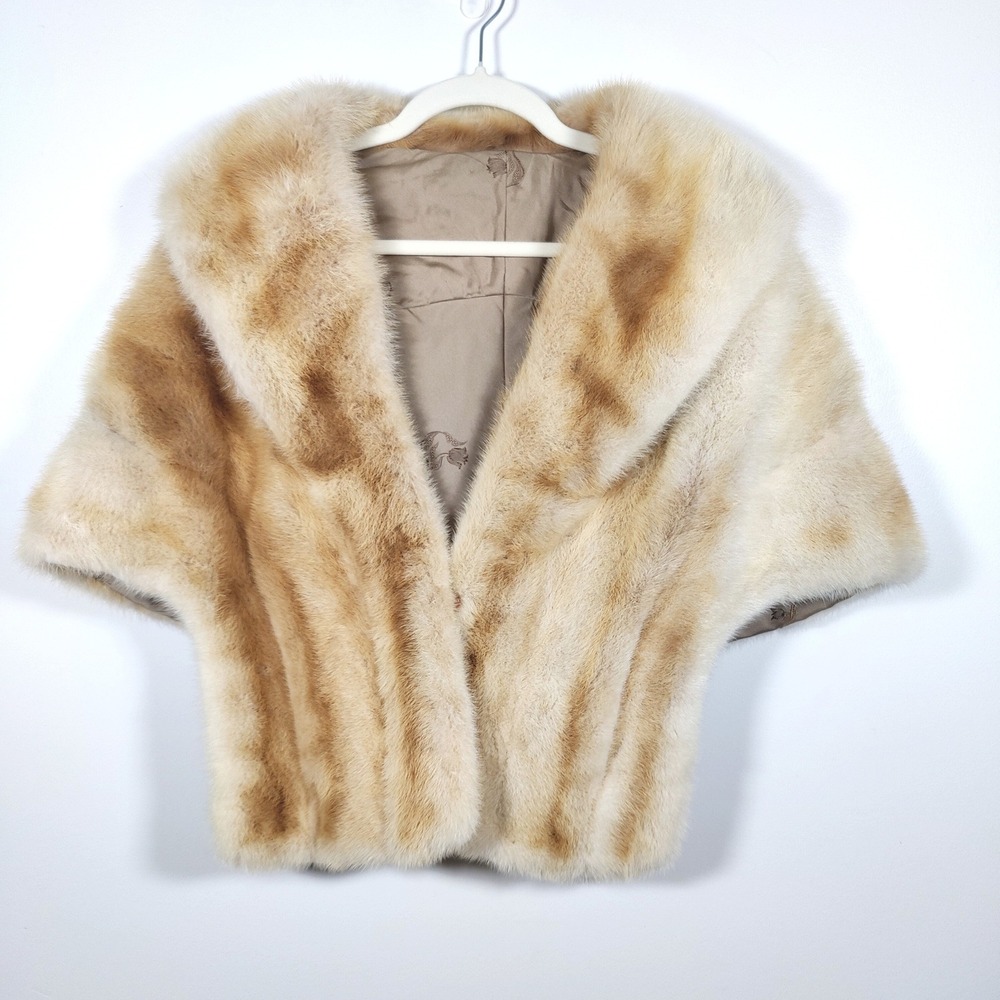 Vintage Genuine Real Fur Capelet Shrug Cream Brown Old Hollywood Glam